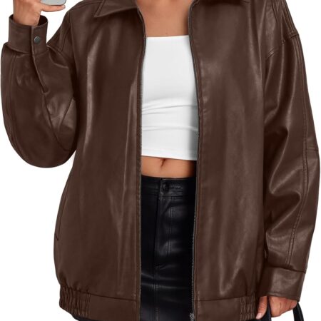 Women's Loose-Fit Faux Leather Biker-Style Bomber Jacket (Autumn/Winter)