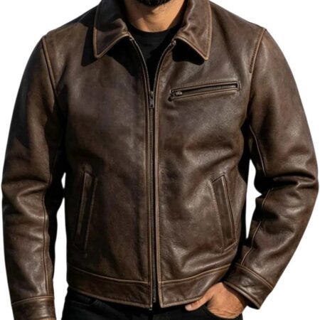 Men's Distressed Brown Cowhide Jacket – Casual Bomber-Style Motorcycle Jacket With Vintage Shirt Collar