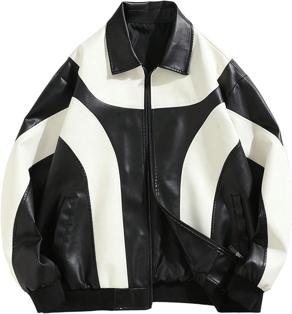 Men's Y2k-Style Pu Leather Motorcycle Jacket – Color-Block Long-Sleeve Jacket With Zip Closure And Pockets