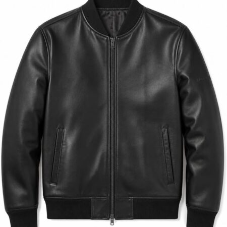 Men's Genuine Leather Bomber Jacket With Full Zip And Ribbed Collar