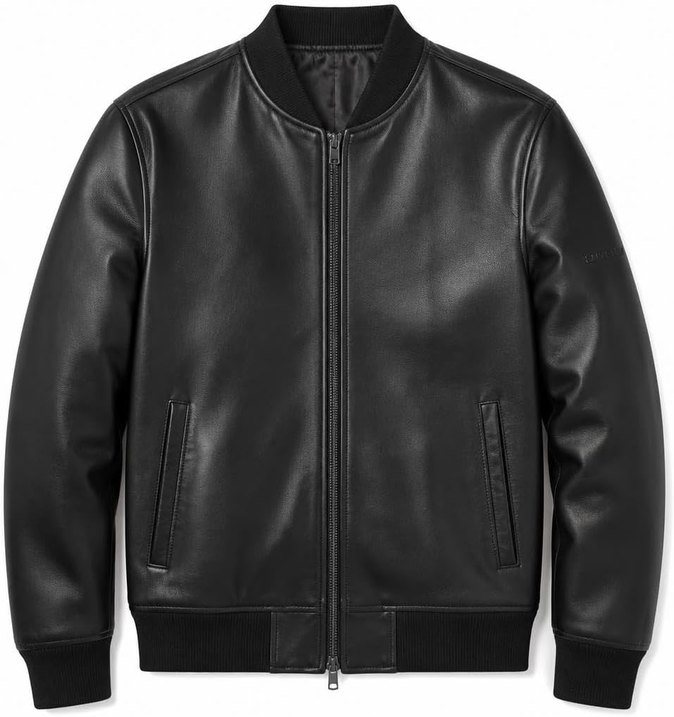 Men's Genuine Leather Bomber Jacket With Full Zip And Ribbed Collar