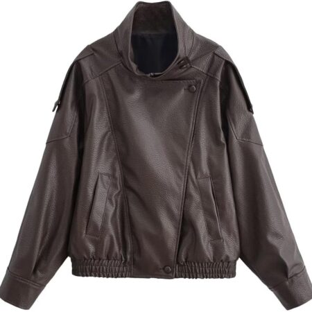 Women's Black Faux Leather Jacket Faux Leather Jacket (Lychee-Grain Texture / Stand Collar / Long Sleeves / Casual Style)