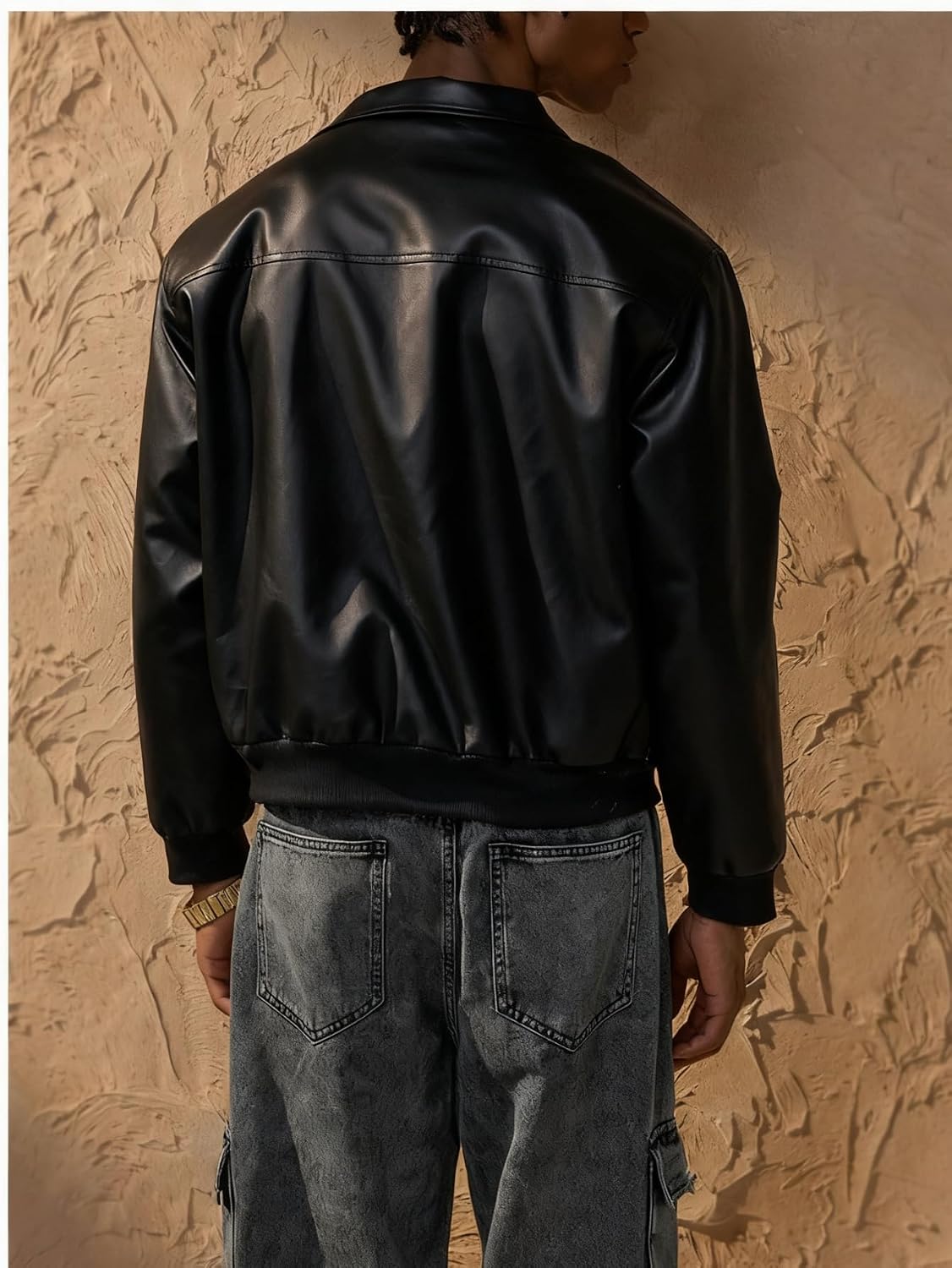 Men's Faux Leather Jacket – Zip-Up Bomber With Stand Collar And Pockets - Image 2