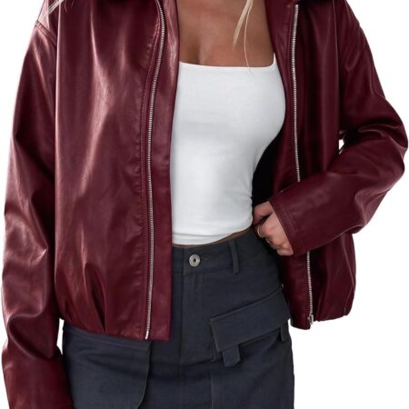 Women's Faux Leather Biker-Style Cropped Jacket (Autumn Style)