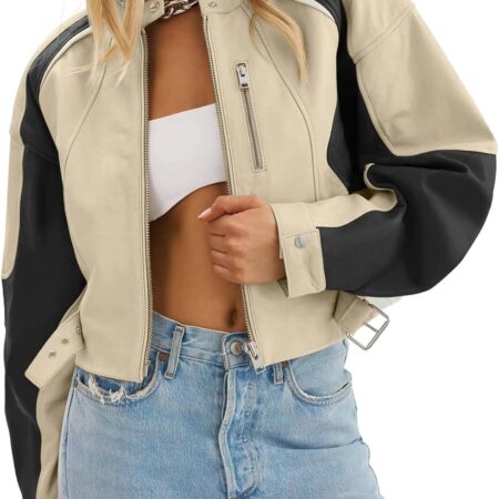 Women's Cropped Faux Leather Bomber-Style Moto Jacket (Autumn Style)