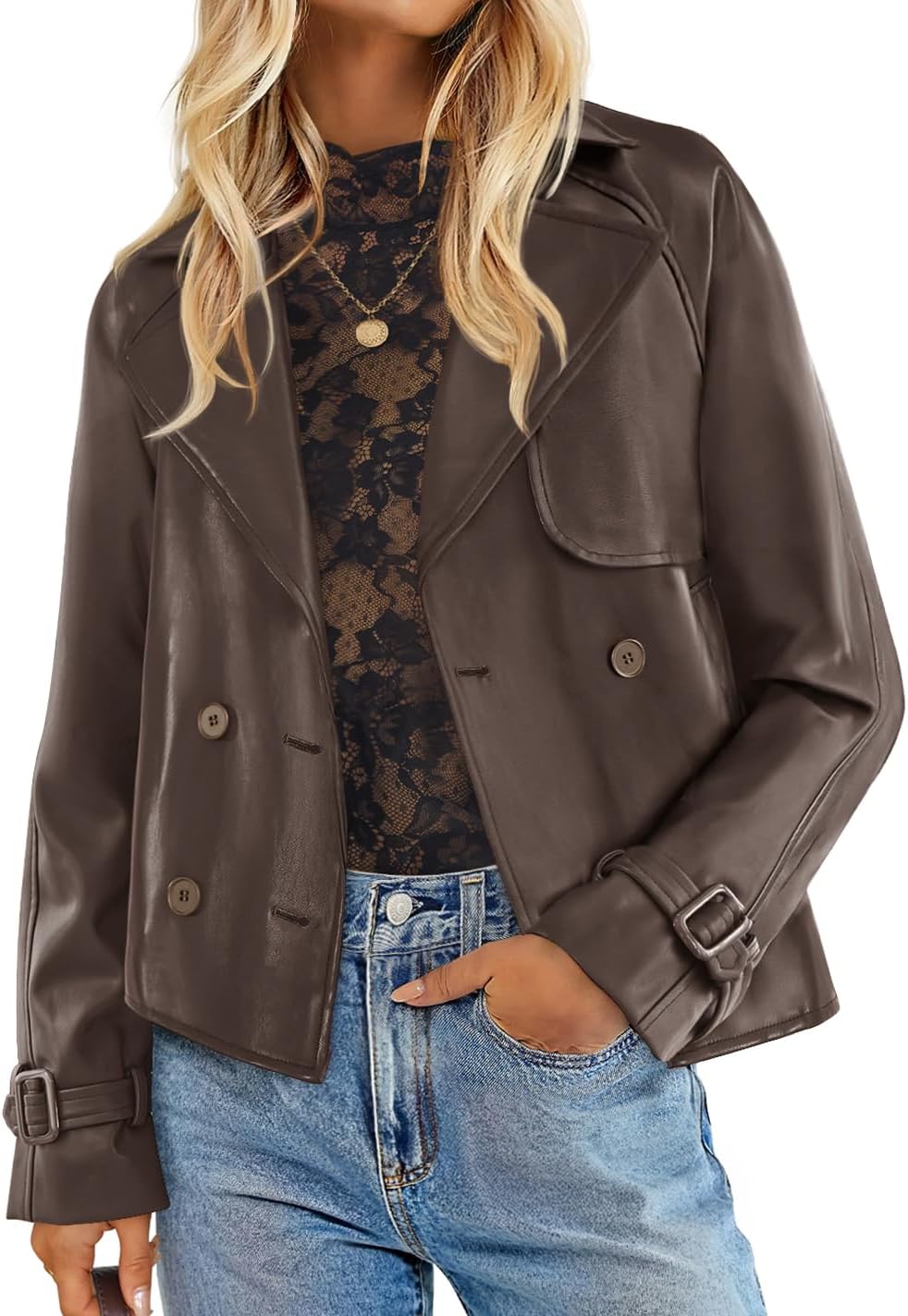 Women's Faux Leather Moto Jacket With Lapel Collar
