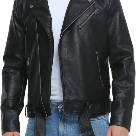 Men's Faux Leather Bomber Jacket – Slim-Fit Biker Style With Lapel And Asymmetric Zip