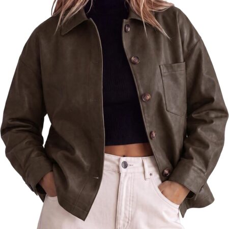 Women's Faux Leather Jacket With Lapel And Button Closure (Casual Outerwear)