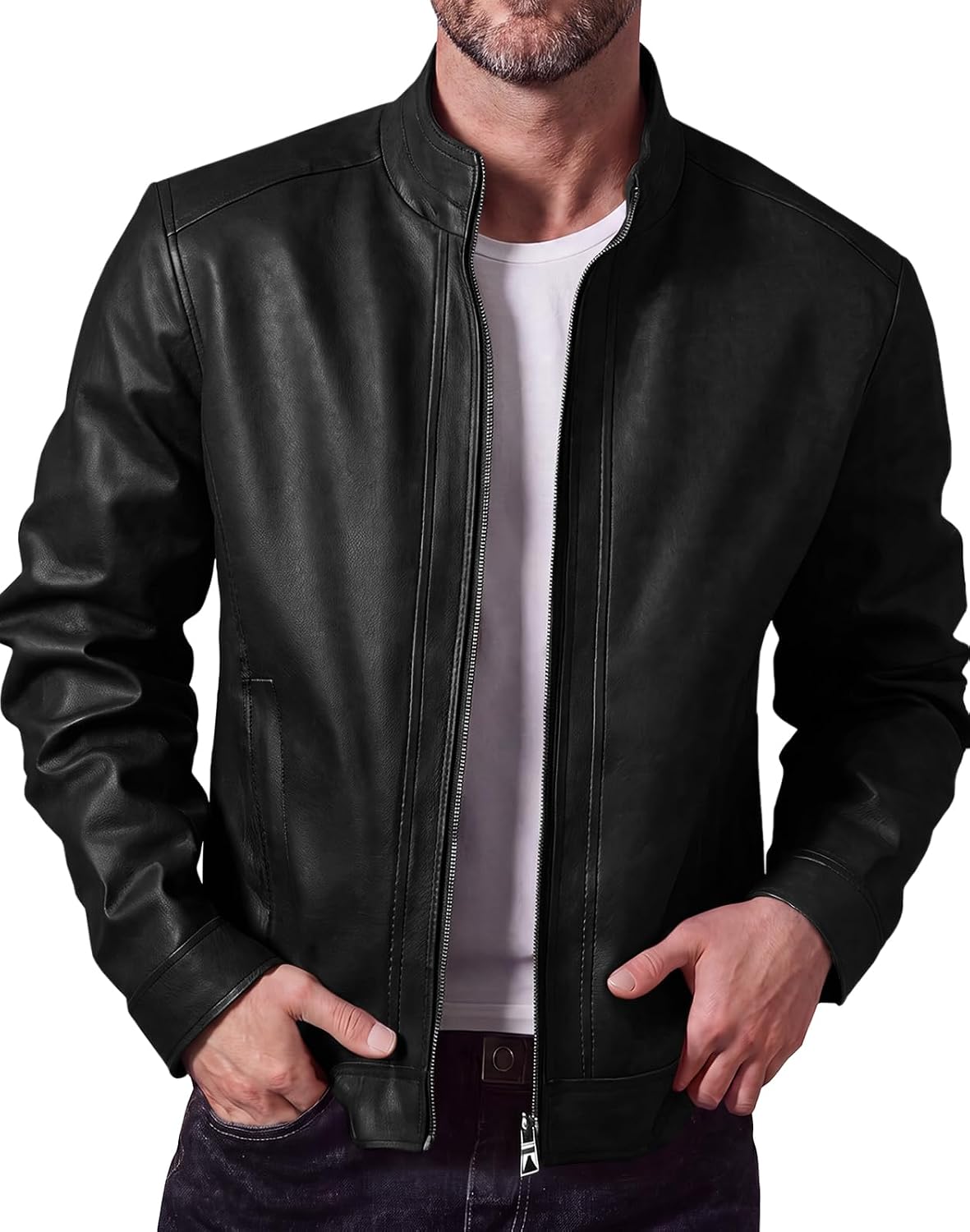 Men's Stand-Collar Faux Leather Motorcycle Jacket