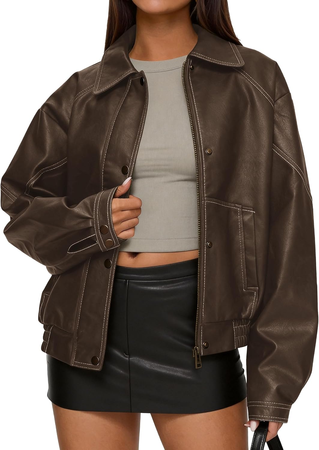 Women's Loose-Fit Faux Leather Jacket (Autumn/Winter Outfit)
