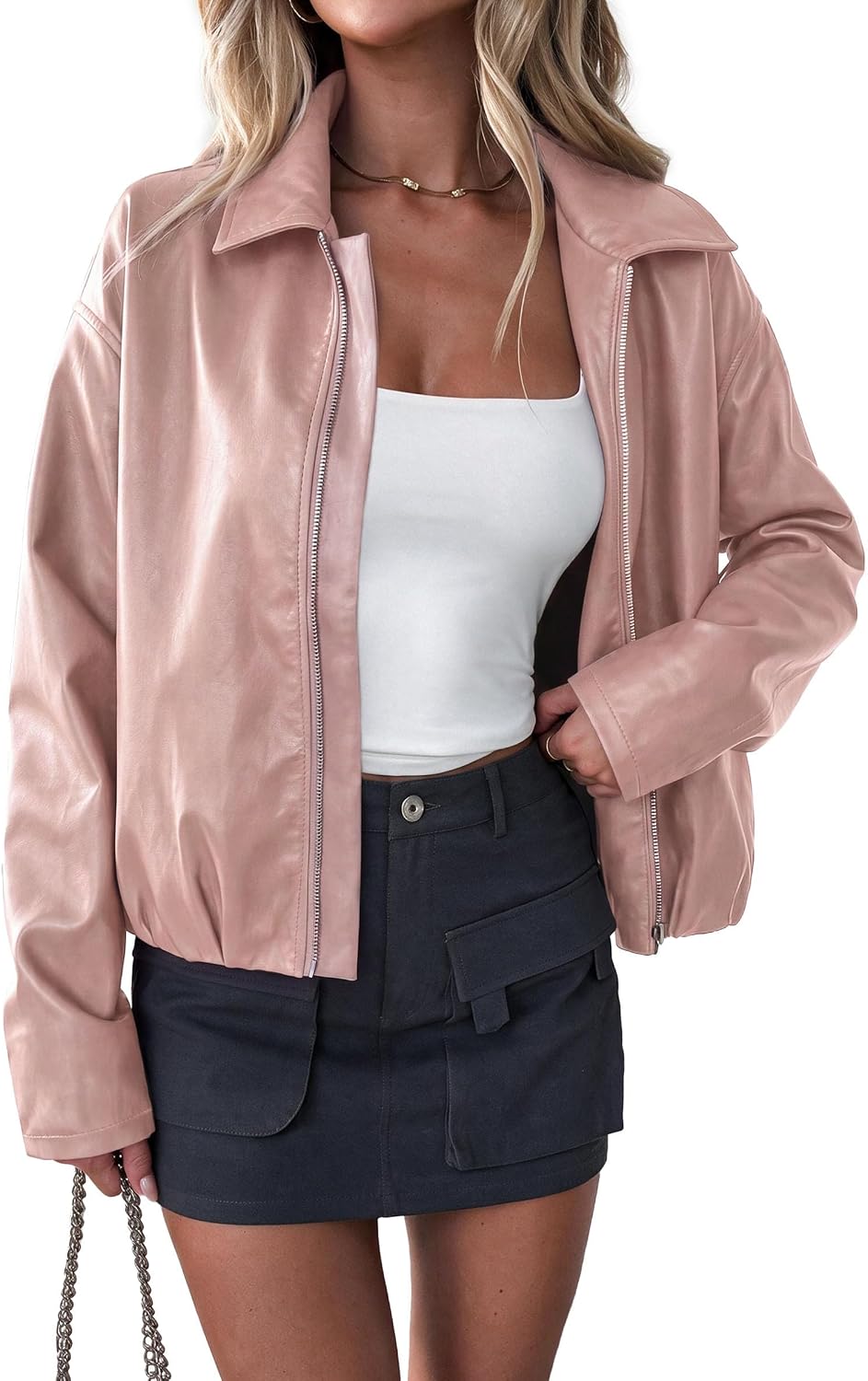 Women's Faux Leather Biker-Style Cropped Jacket (Autumn Style)
