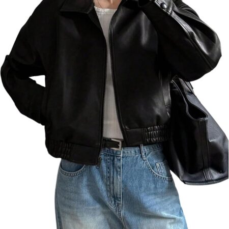 Women's Loose-Fit Faux Leather Zip-Up Bomber Jacket (Cropped)