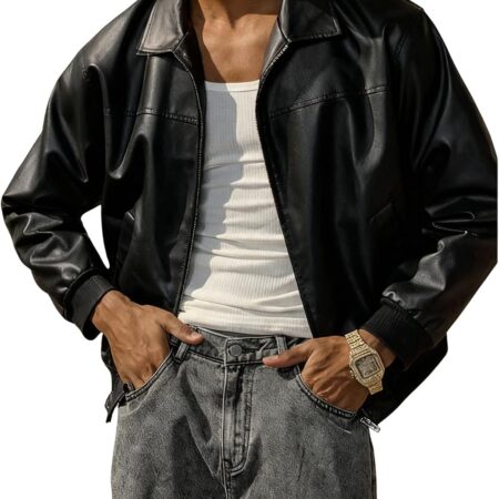 Men's Faux Leather Jacket – Zip-Up Bomber With Stand Collar And Pockets