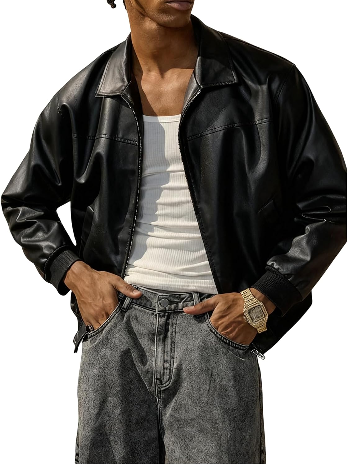 Men's Faux Leather Jacket – Zip-Up Bomber With Stand Collar And Pockets