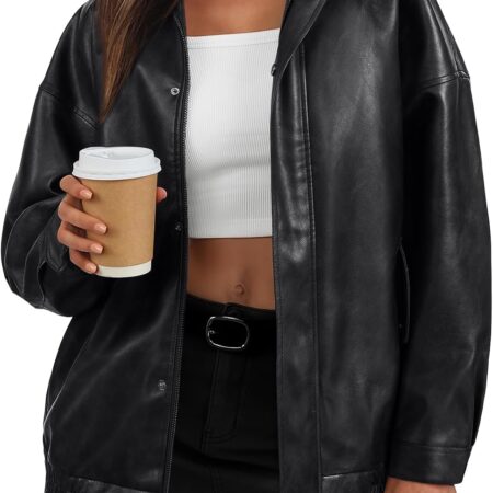 Women's Loose-Fit Faux Leather Bomber Jacket (Textured Fabric/Zip-Up)