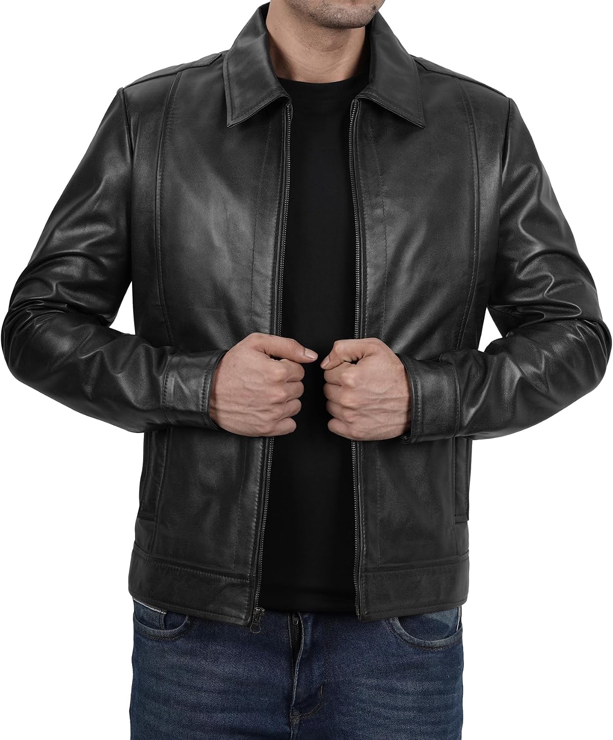 Men's Vintage-Look Distressed Sheepskin Jacket – Shirt-Collar Design - Image 2