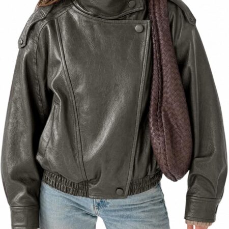 Women's Loose-Fit Faux Leather Biker-Style Zip-Up Jacket