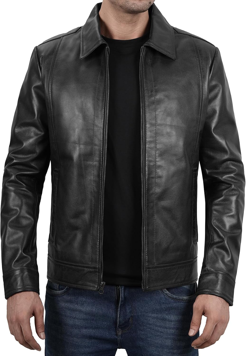 Men's Vintage-Look Distressed Sheepskin Jacket – Shirt-Collar Design