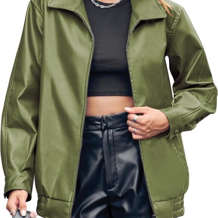 Women's Loose-Fit Faux Leather Casual Zip-Up Bomber Jacket