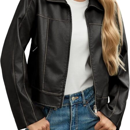 Women's Cropped Faux Leather Moto Jacket (Casual Zip-Up / Long Sleeves With Lapels / Pockets / Spring Style)