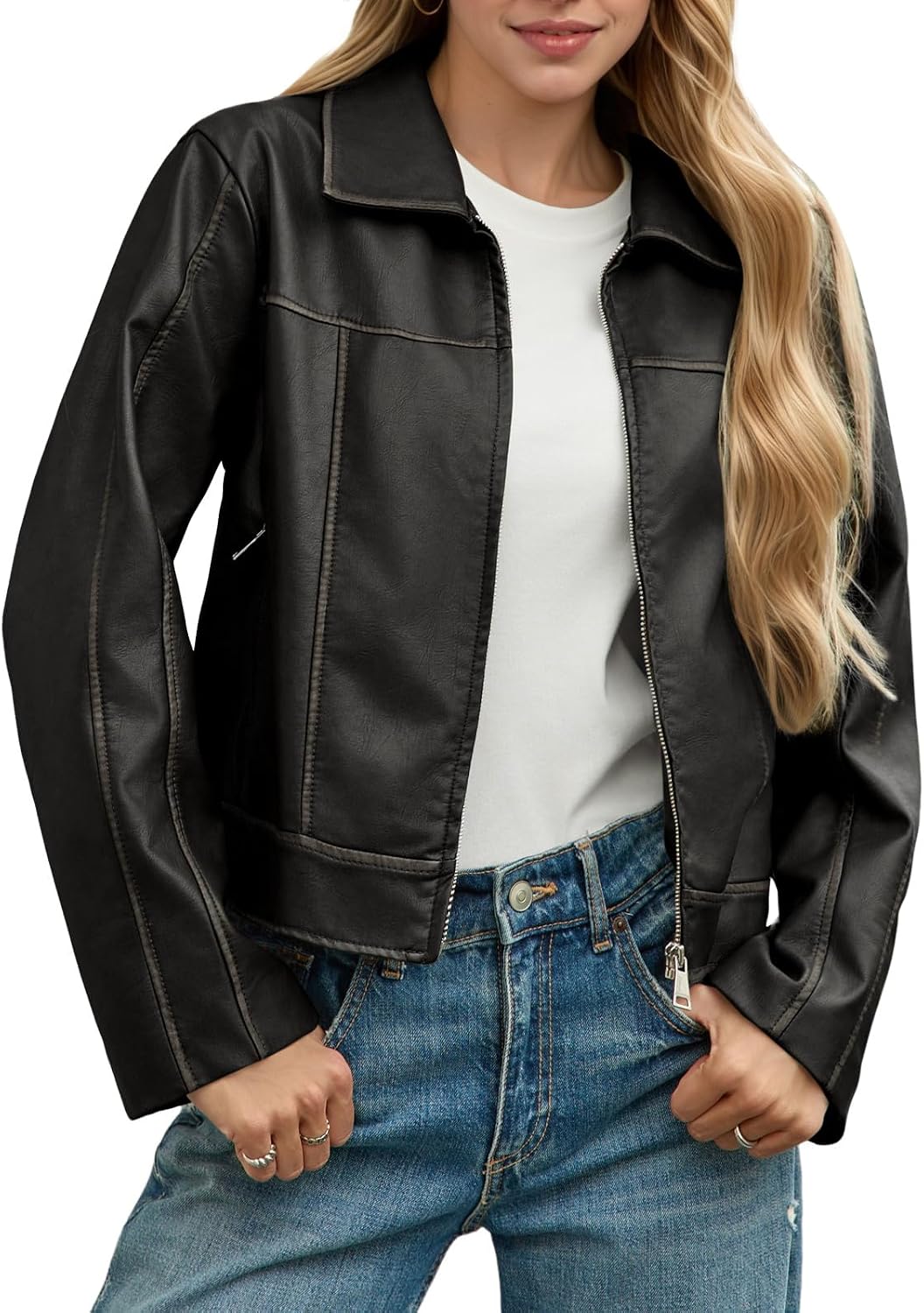 Women's Cropped Faux Leather Moto Jacket (Casual Zip-Up / Long Sleeves With Lapels / Pockets / Spring Style)