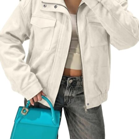 Women's Faux Suede Cropped Long-Sleeve Bomber Jacket