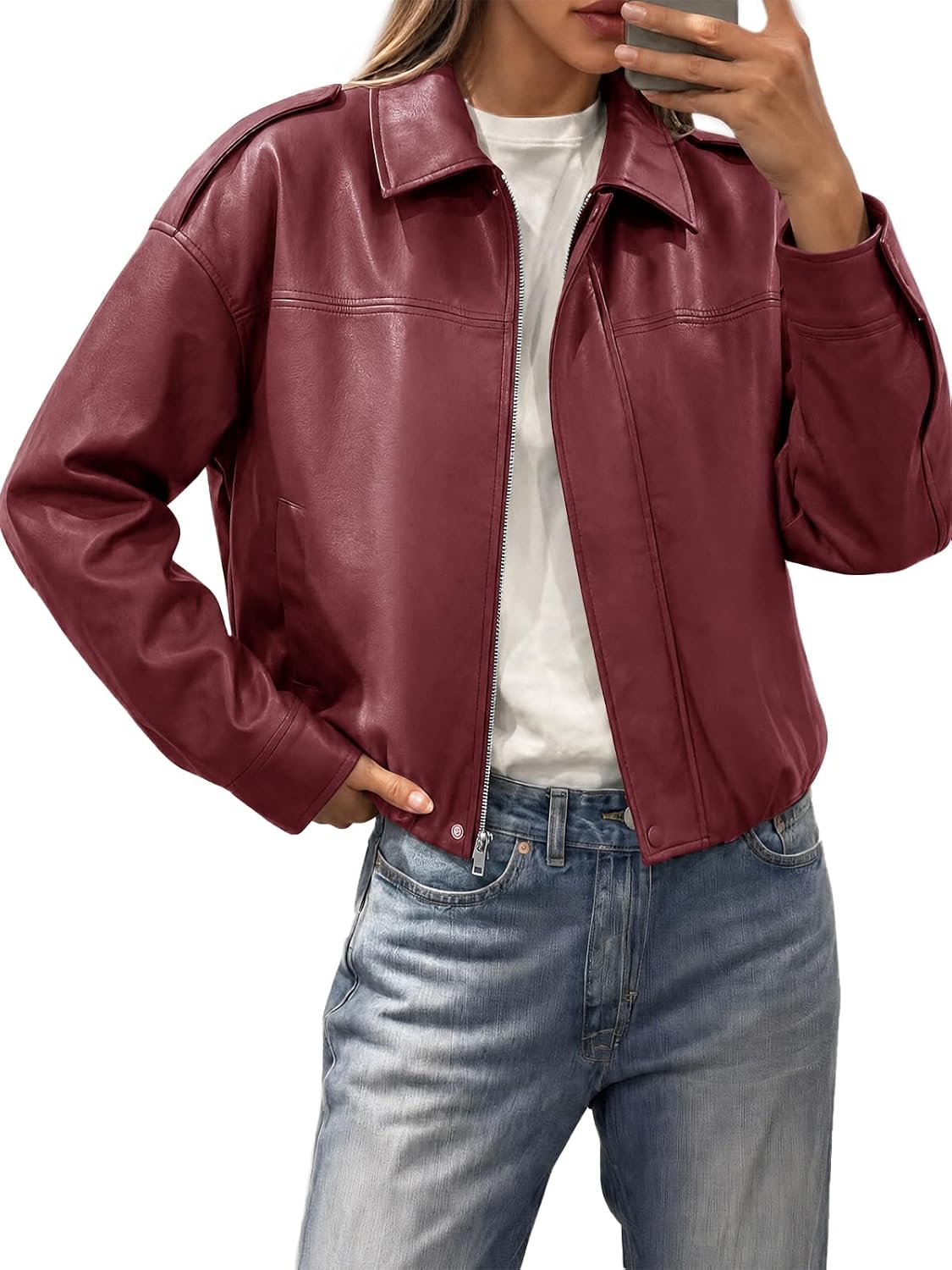 Women's Loose-Fit Faux Leather Zip-Up Bomber Jacket (Cropped)