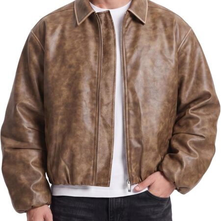 Men's Cropped Faux Leather Bomber Jacket – Loose-Fit Jacket With Two-Way Zip Closure