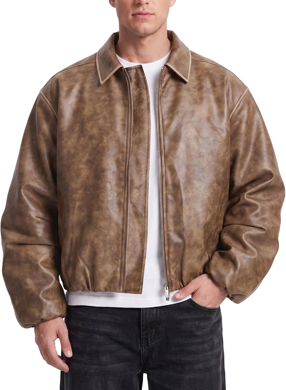 Men's Cropped Faux Leather Bomber Jacket – Loose-Fit Jacket With Two-Way Zip Closure