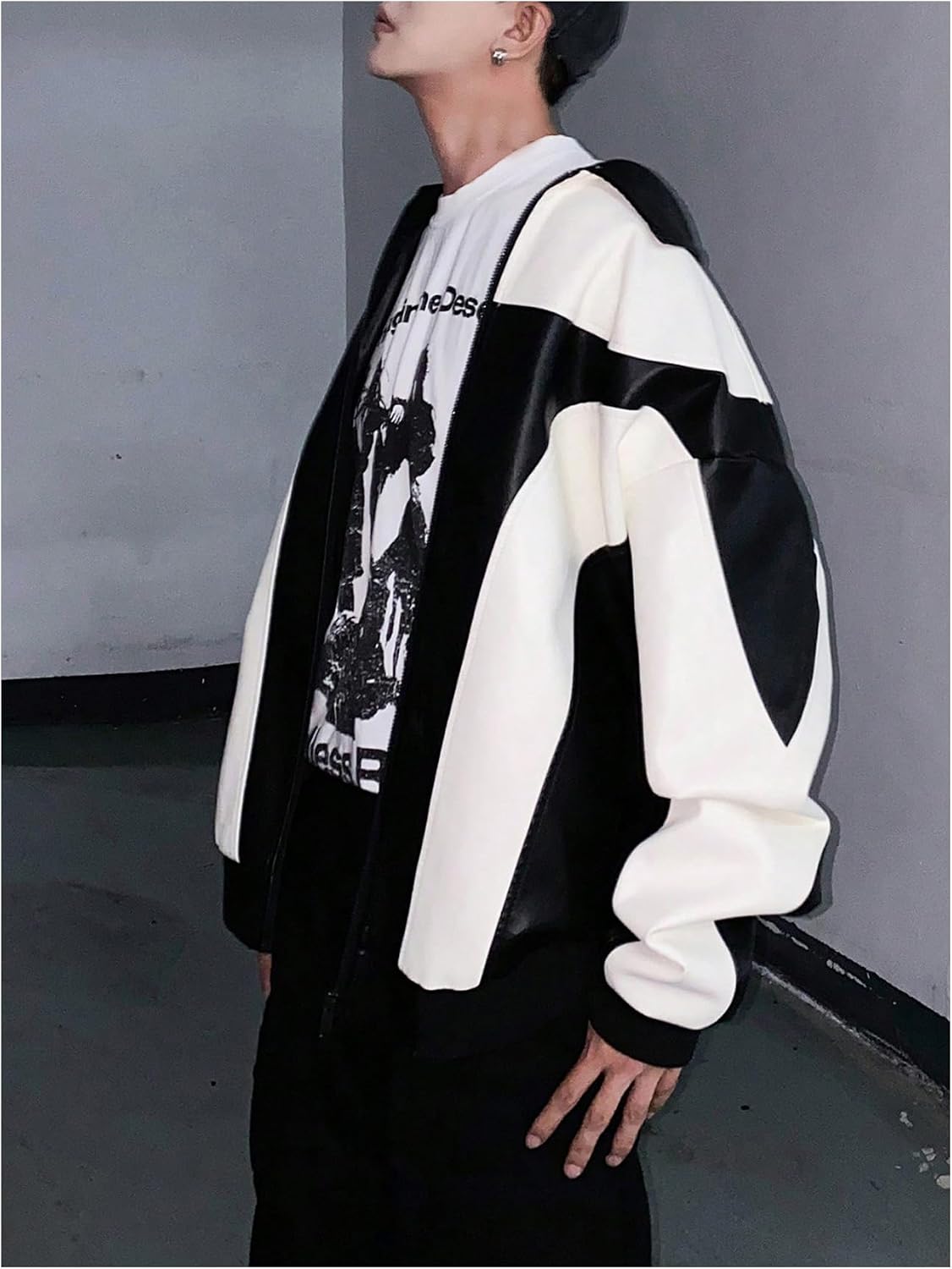 Men's Y2k-Style Pu Leather Motorcycle Jacket – Color-Block Long-Sleeve Jacket With Zip Closure And Pockets - Image 2