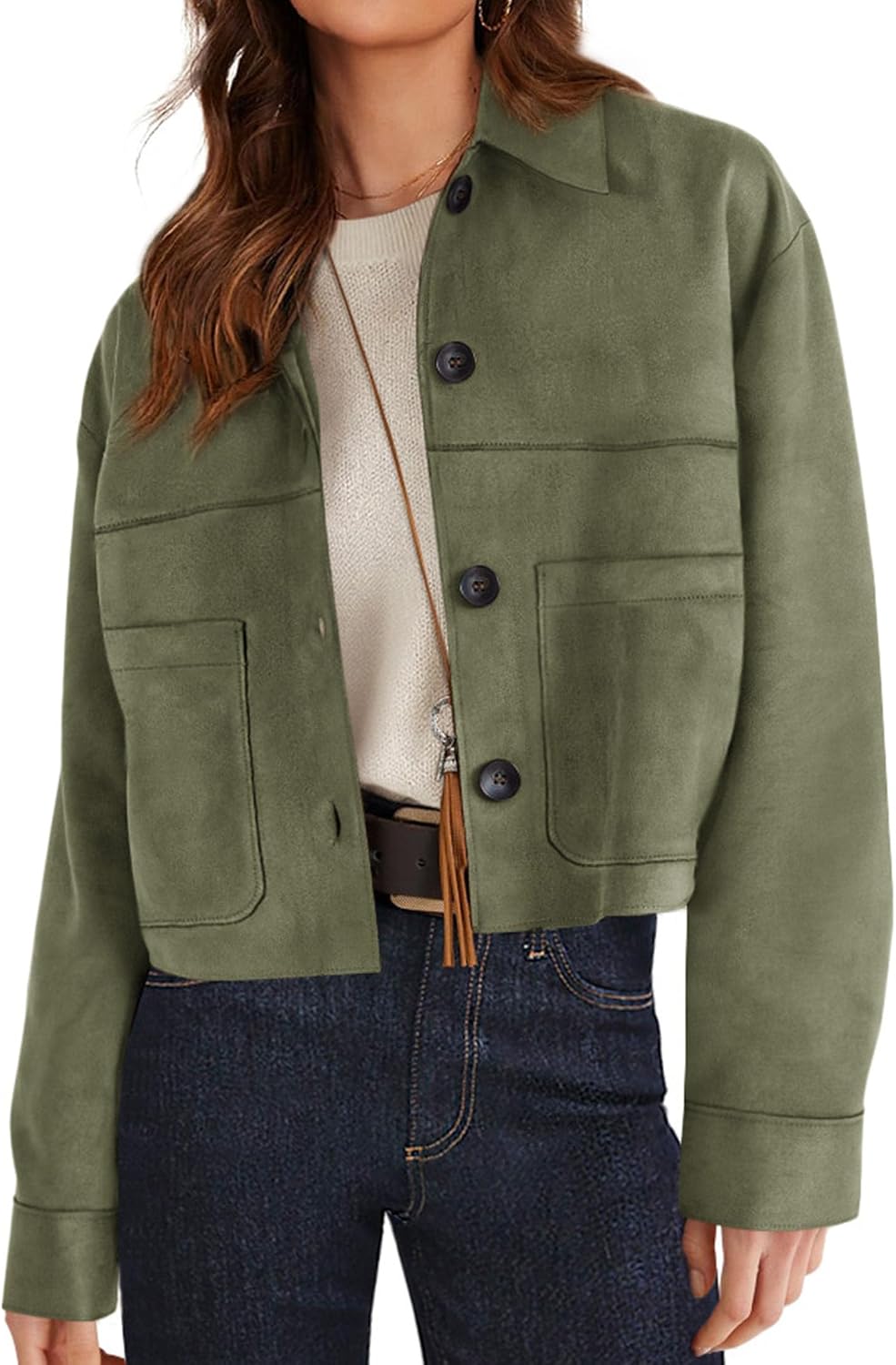Women's Faux Suede Shirt-Style Jacket (Lightweight Cropped Fit)