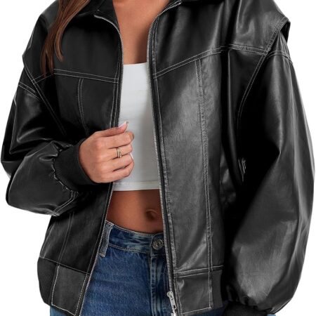 Women's Loose-Fit Faux Leather Bomber/Biker Jacket