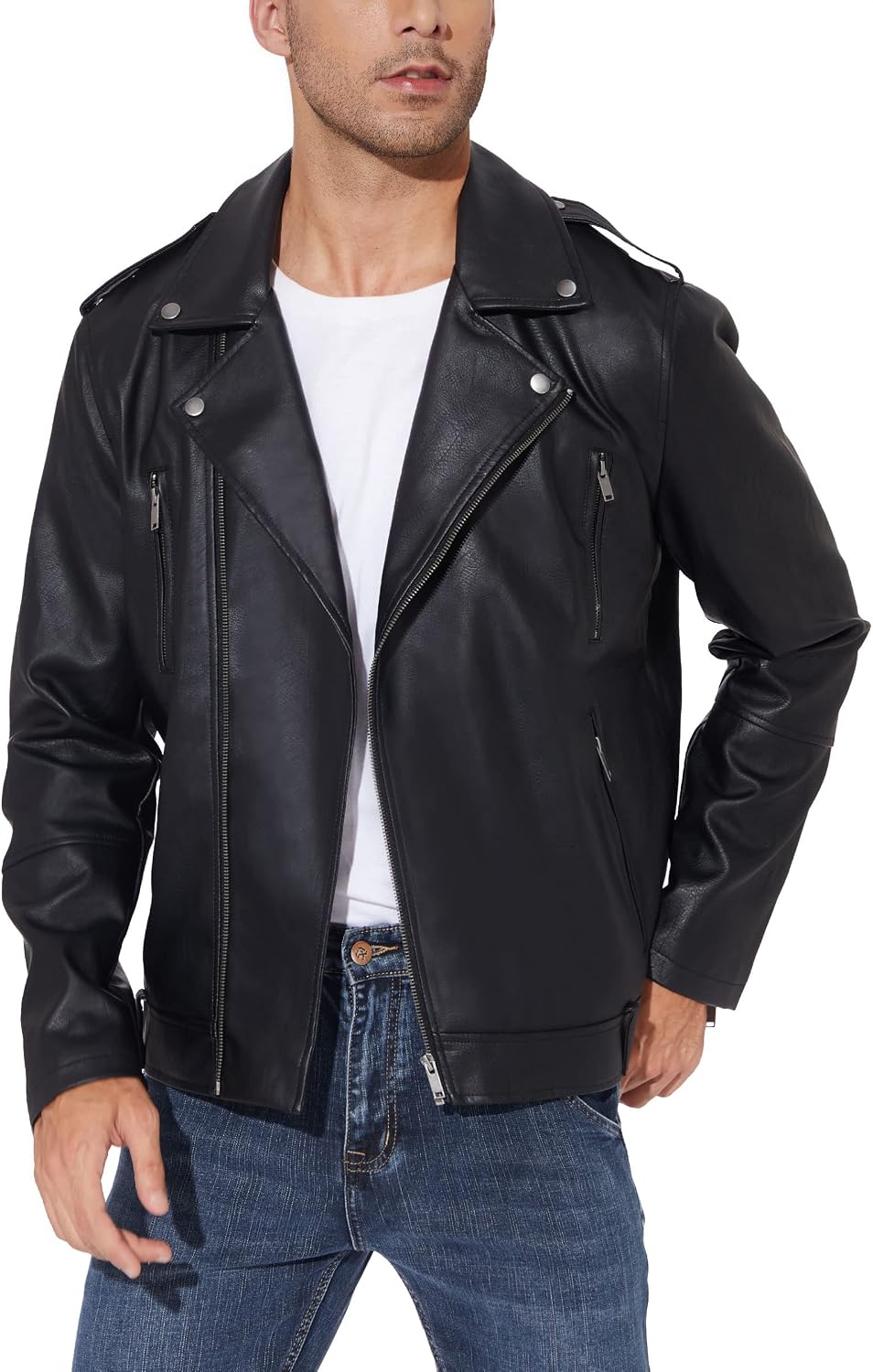 Men's Faux Leather Motorcycle Jacket (Black)