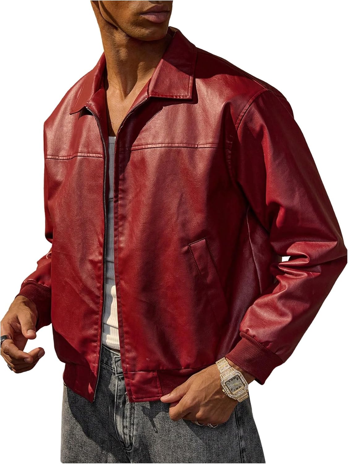 Men's Vintage Pu Leather Motorcycle Jacket – Street-Style Jacket With Stand Collar And Zip Closure