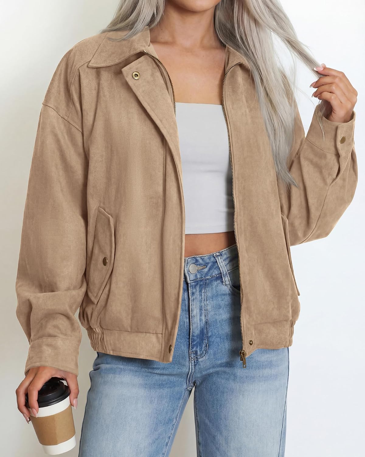 Women's Faux Suede Jacket: Loose-Fit Long-Sleeve Faux Leather Bomber Jacket - Image 2