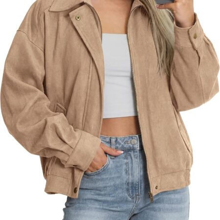 Women's Faux Suede Jacket: Loose-Fit Long-Sleeve Faux Leather Bomber Jacket