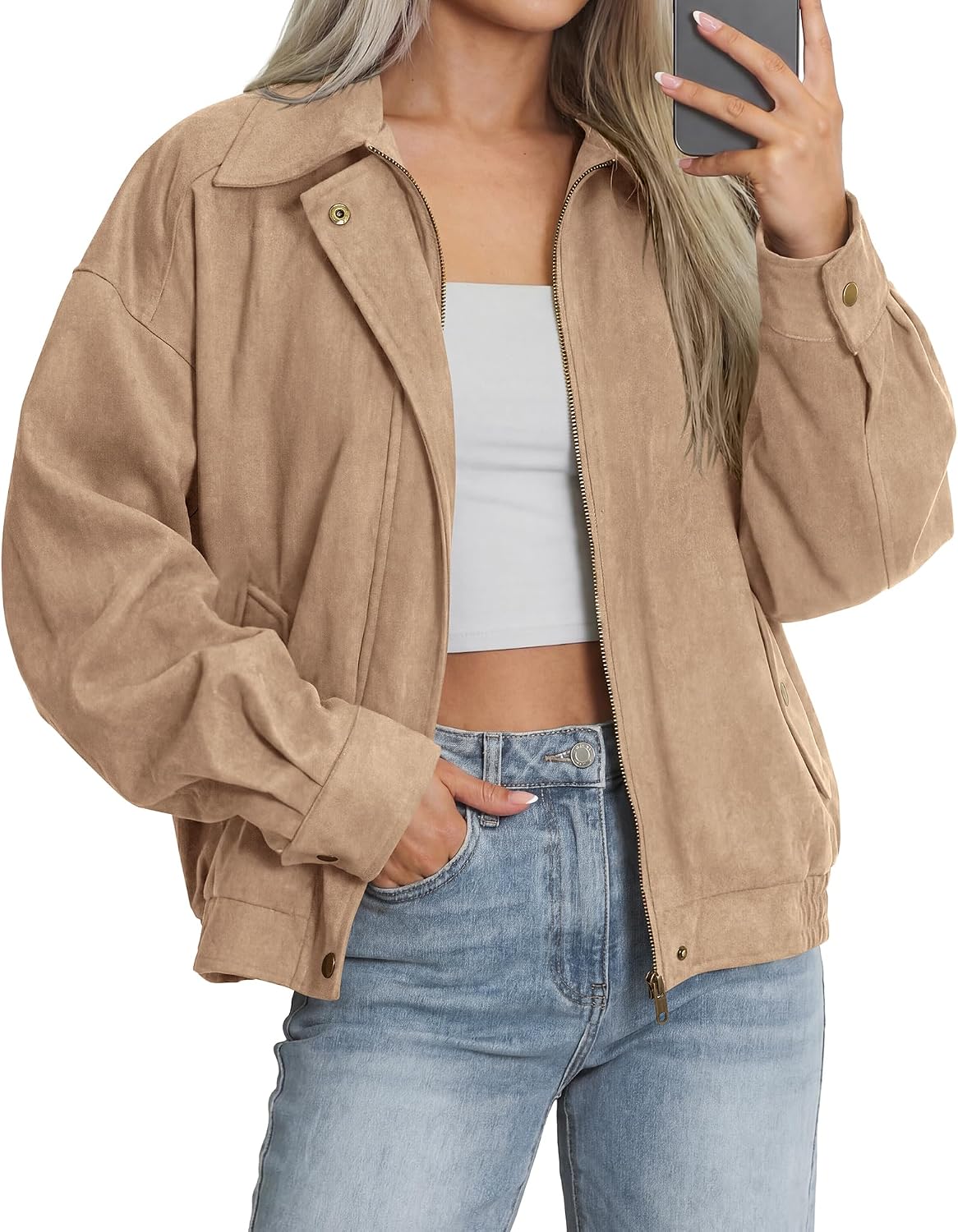 Women's Faux Suede Jacket: Loose-Fit Long-Sleeve Faux Leather Bomber Jacket