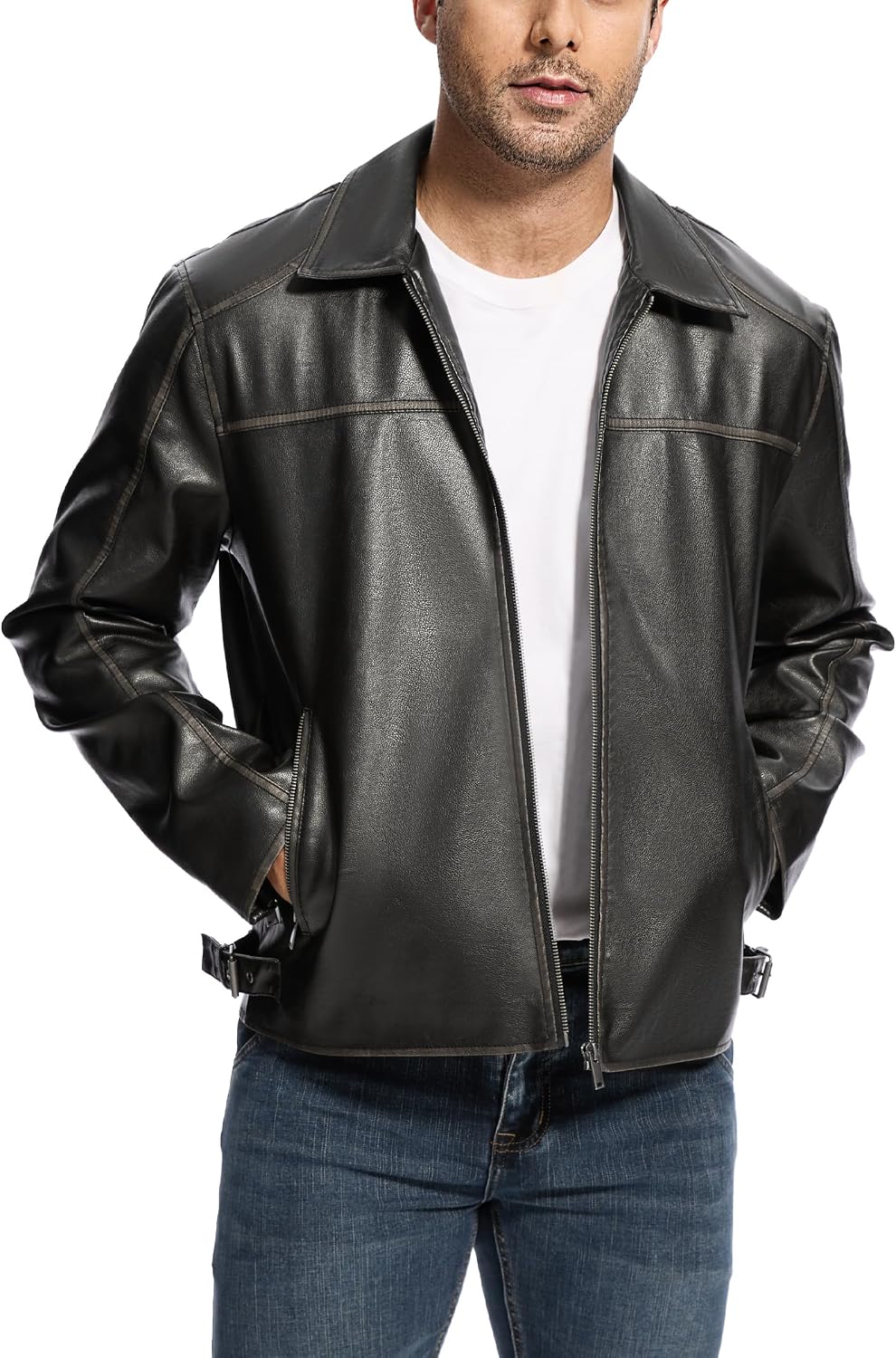 Men's Lightweight Faux Leather Bomber Jacket – Vintage Lapel-Collar Motorcycle Jacket (With Zip And Pockets)